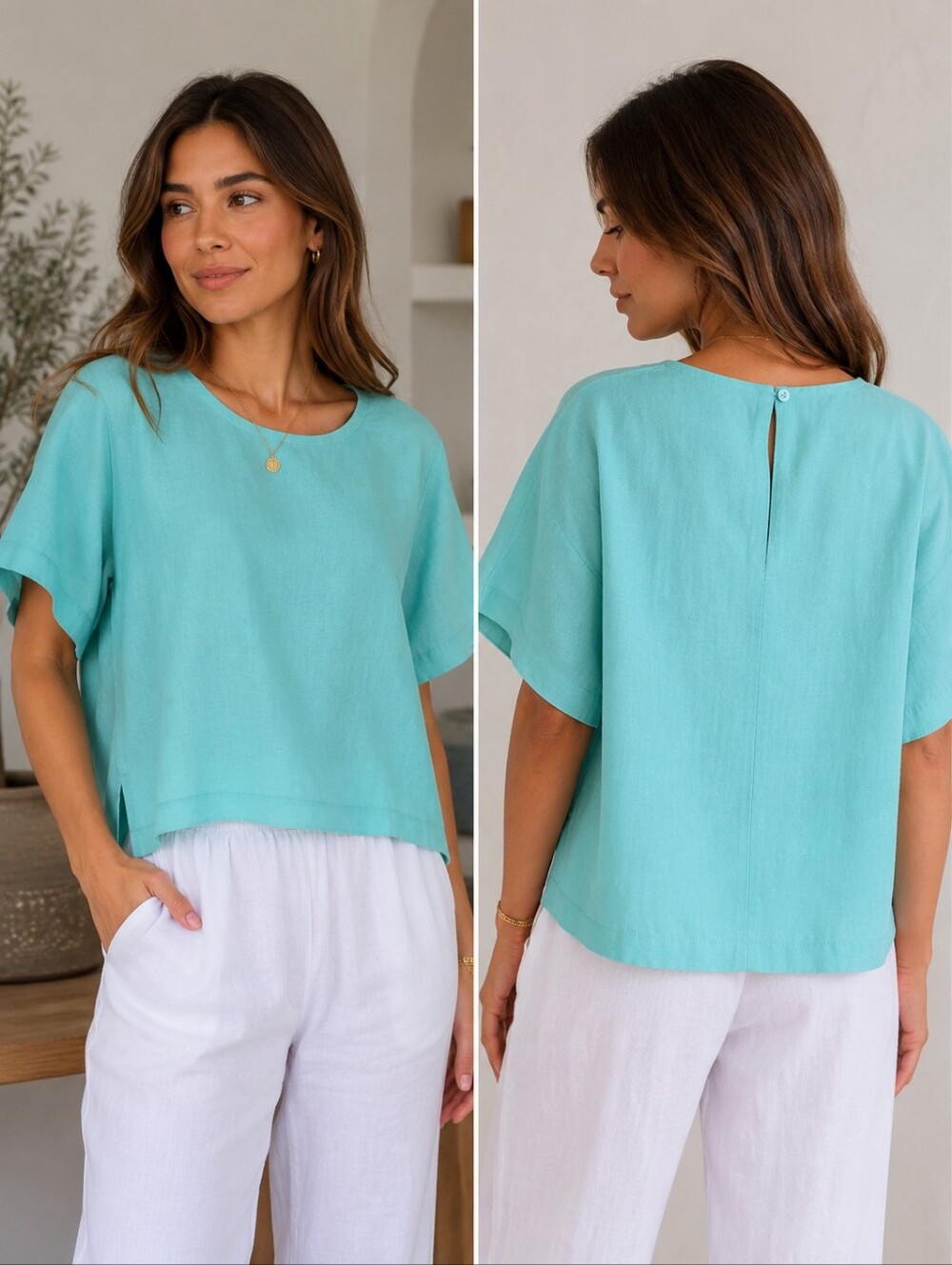 DKNY Aqua Boxy Linen Short Sleeve Top